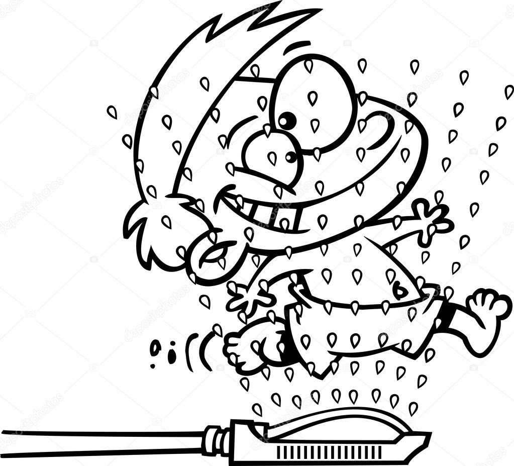 Clipart Outlined Boy Running Through Sprinklers