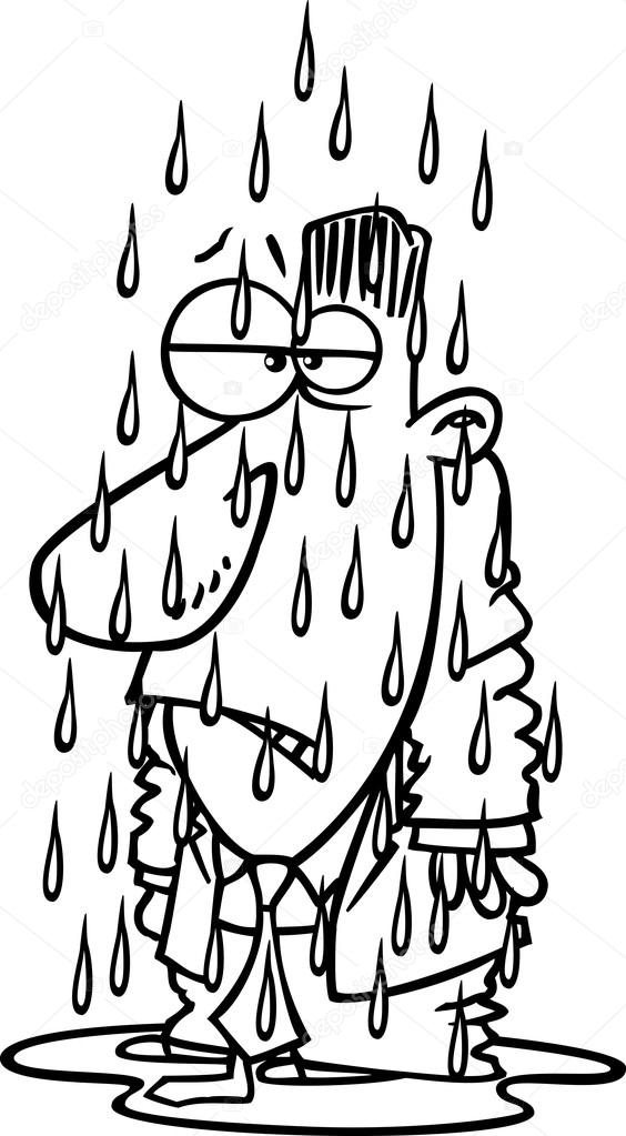 Illustration of a soaked businessman black and white outline, on a white background.