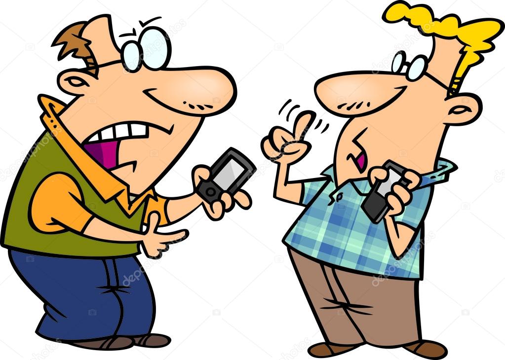 Illustration of techie men having a debate over gadgets, on a white background.