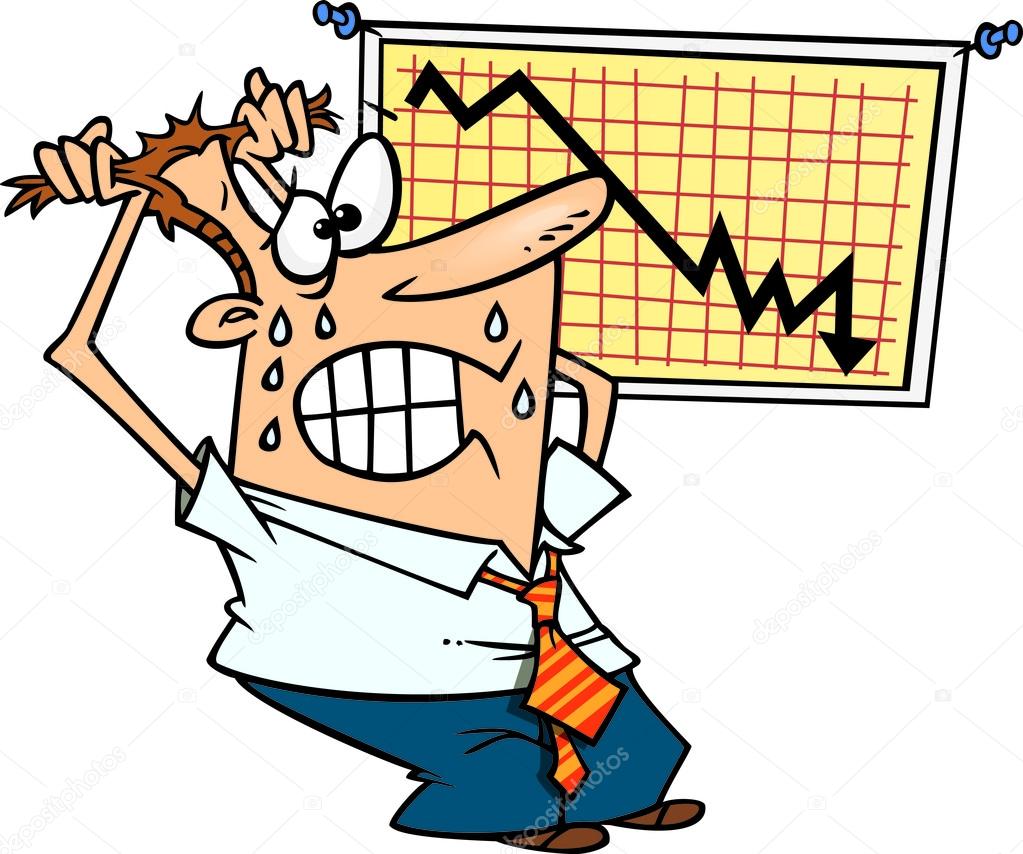 Illustration of a stressed business man viewing a recession chart, on a white background.