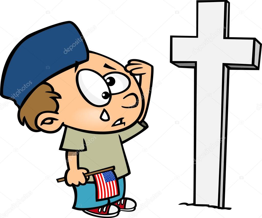 Illustration of a boy crying at a soldiers grave on memorial day, on a white background.