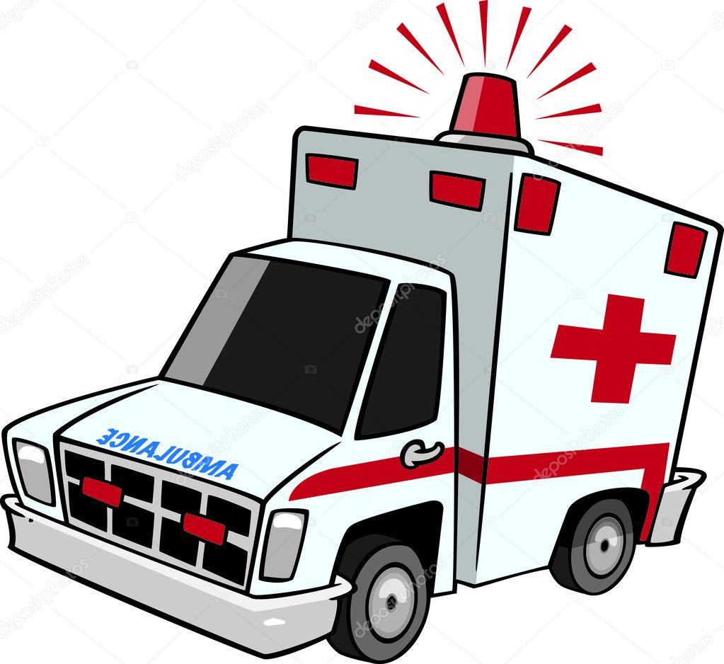 Illustration of an emergency ambulance with lit siren light, on a white background.
