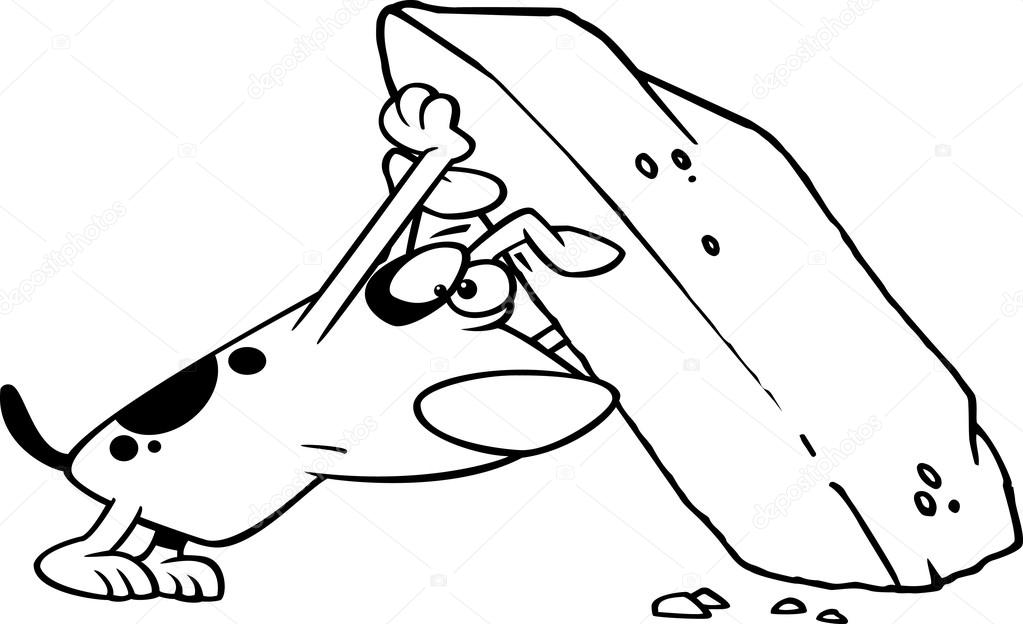 Vector of a Cartoon Treasure Hunting Dog Looking Under a Rock - Outlined Coloring Page