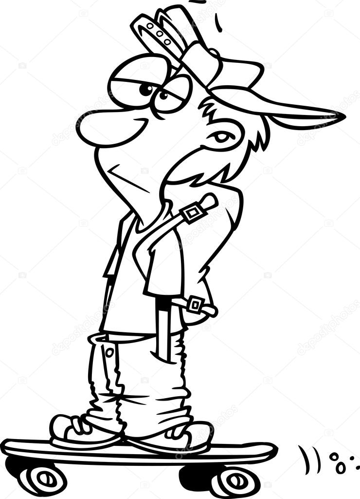 Vector of a Cartoon Teenage Skater Boy with His Hands in His Pockets - Outlined Coloring Page