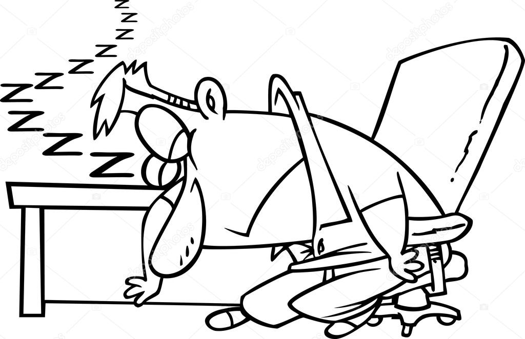 Vector of a Cartoon Exhausted Man Dozing at His Desk - Outlined Coloring Page