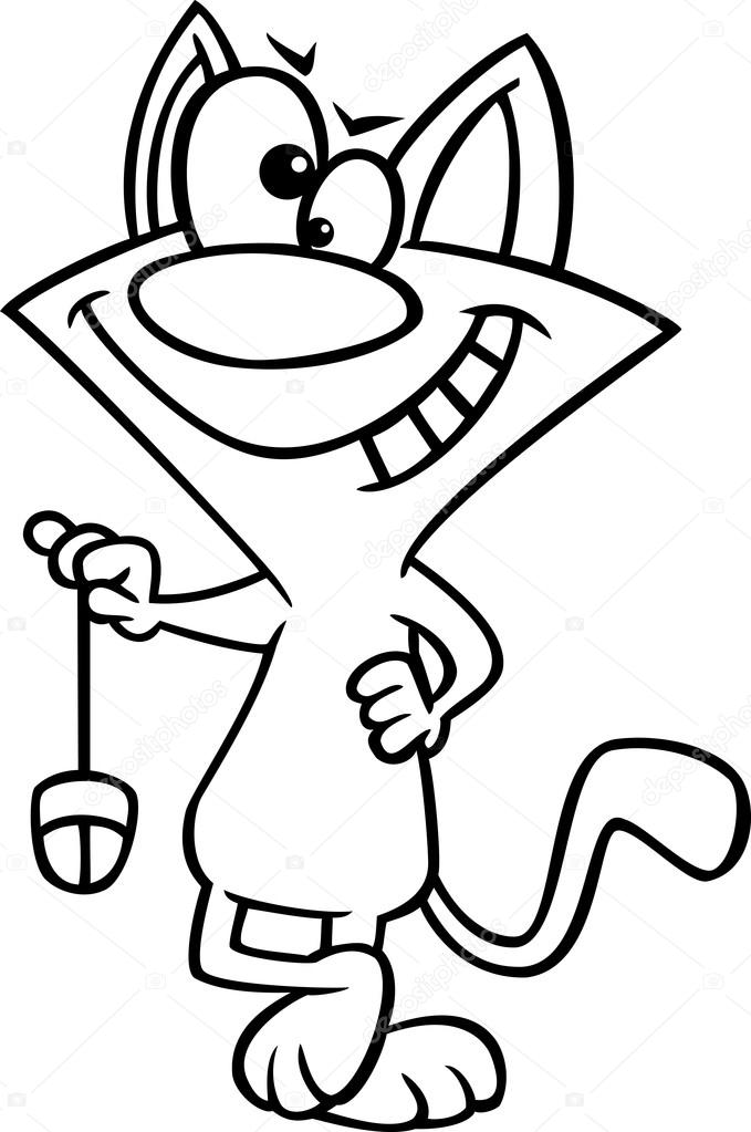 Clipart Outlined Cat Swinging A Computer Mouse
