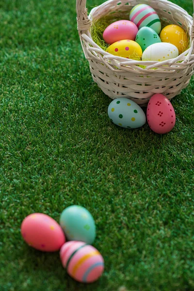 カラフルな黄色、ピンク、織りバスケットや緑の芝生の中で青イースターの卵と垂直イースターの背景。コピースペース付きのトップビュー。イースター休暇｜ソーシャルメディアの背景. — ストック写真