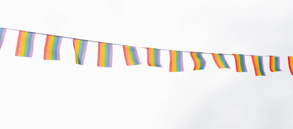 Rainbow pride and equality flags on banner. Equal rights, lqbtq pride month against gay, lesbian, bisexual, transgender discrimination.Rainbow LGBTQ banner. High quality photo
