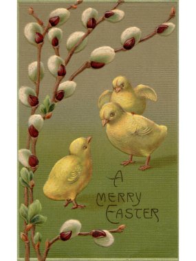 A vintage Easter postcard of a branch of pussy willow and three clipart