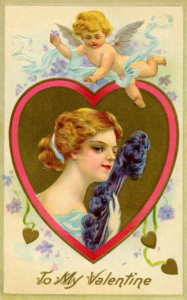 A vintage Valentine card with cupid flying over a woman with a f — Stock Photo, Image