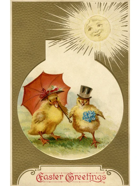 A vintage Easter postcard of a duckling and chick dressed up for — Stock Photo, Image