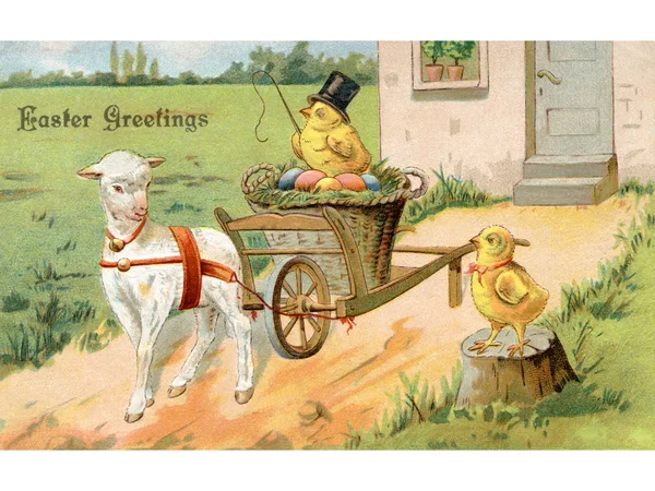 A vintage Easter postcard of a chick riding on an Easter wagon p — Stock Photo, Image