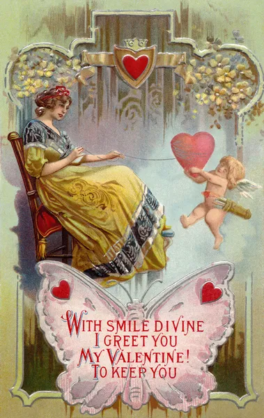 A vintage Valentines Day card with a woman pulling in a heart wi — Stock Photo, Image