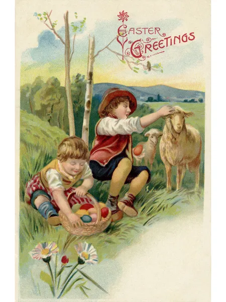 A vintage Easter postcard of two boys on an Easter egg hunt — Stock Photo, Image