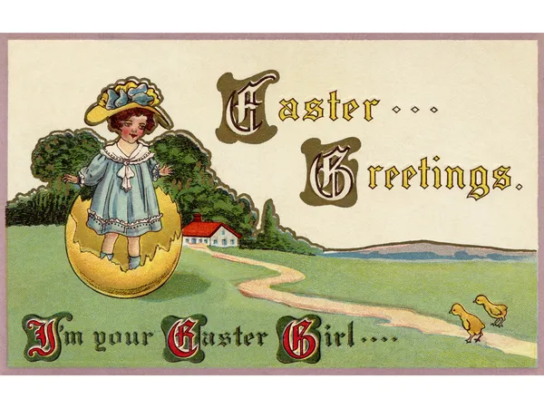 A vintage Easter postcard of a little girl coming out of an East — Stock Photo, Image