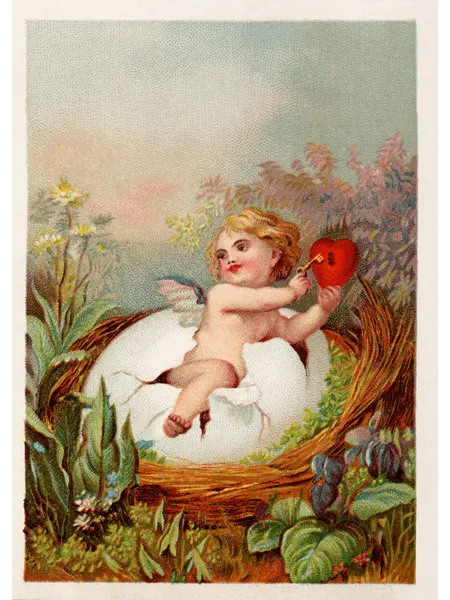 A vintage Easter postcard with a cherub holding a key and heart — Stock Photo, Image