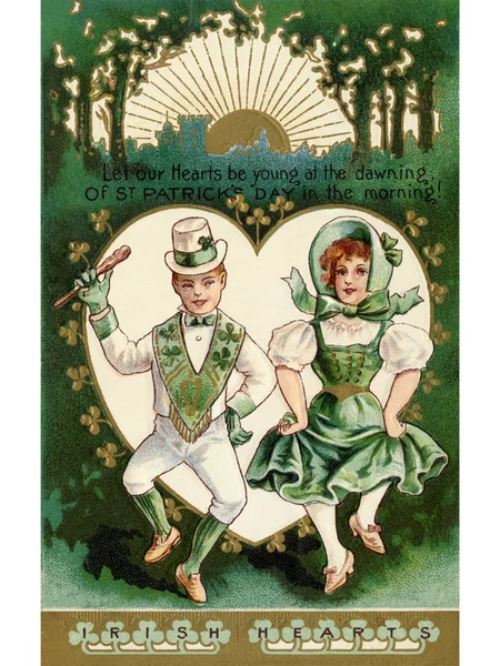 A vintage St. Patricks Day card with a Irish boy and girl doing — Stock Photo, Image