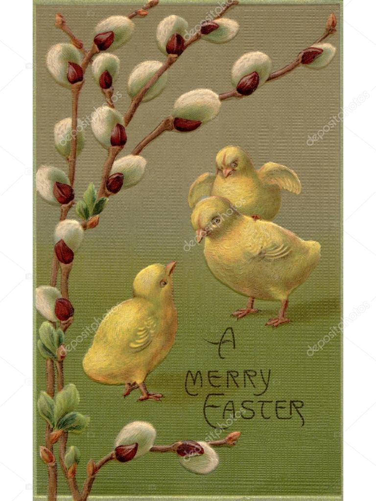A vintage Easter postcard of a branch of pussy willow and three