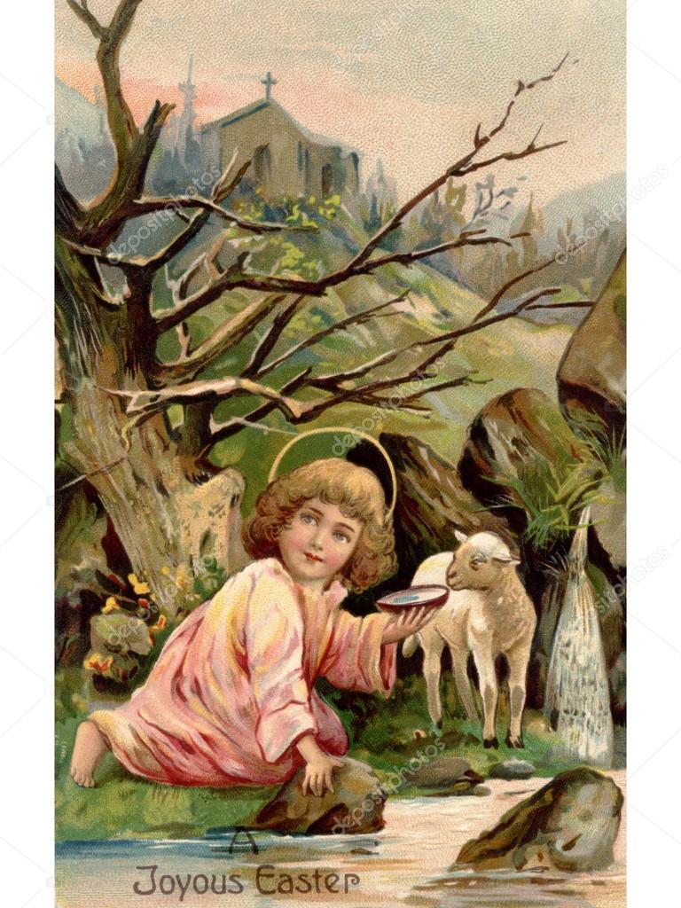A vintage Easter postcard of a little angel with a lamb by the r
