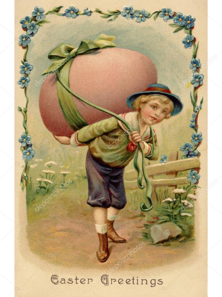 A vintage Easter postcard of a boy with a large Easter egg on hi