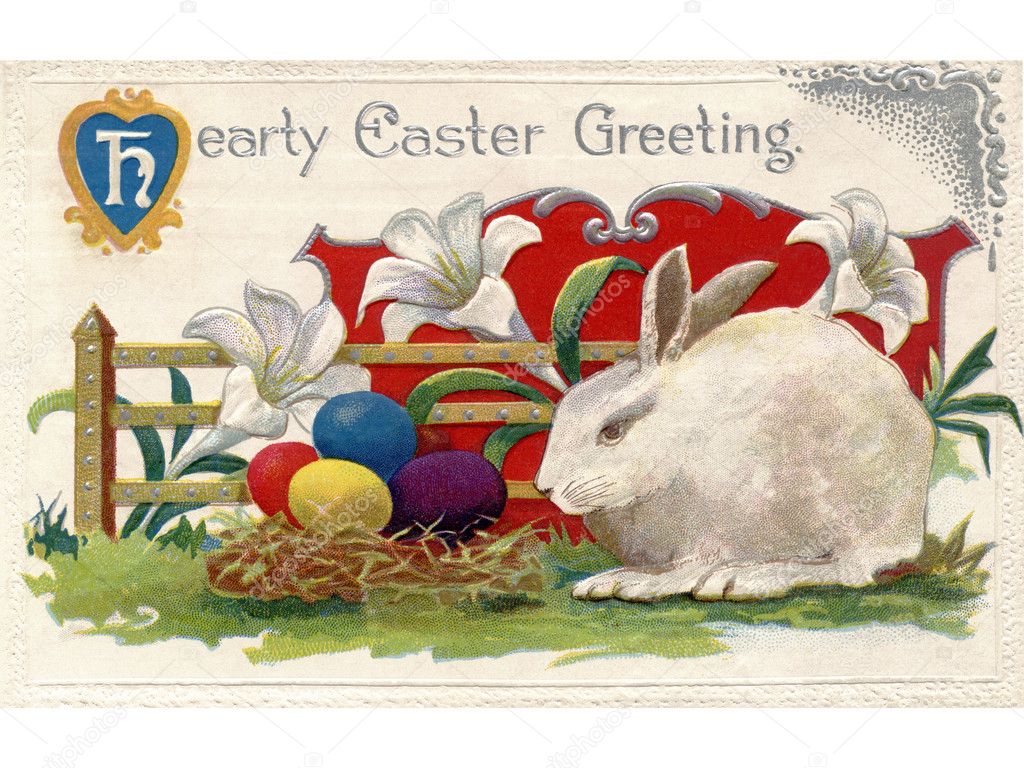 A vintage Easter postcard of lilies a white rabbit and Easter eggs