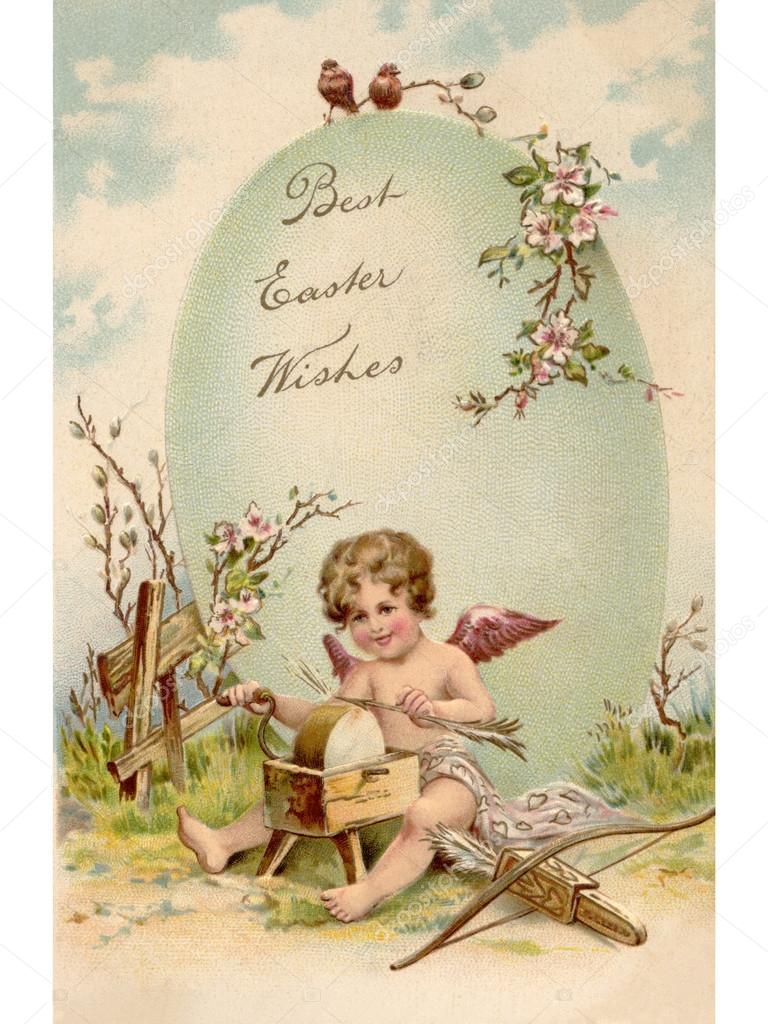 A vintage Easter postcard of a cupid making arrows and a large E