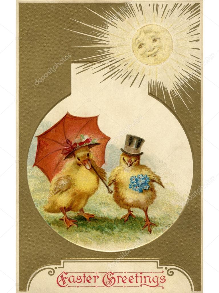 A vintage Easter postcard of a duckling and chick dressed up for
