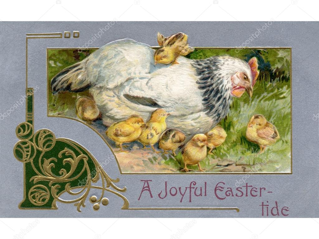 A vintage Easter postcard of a hen and chicks