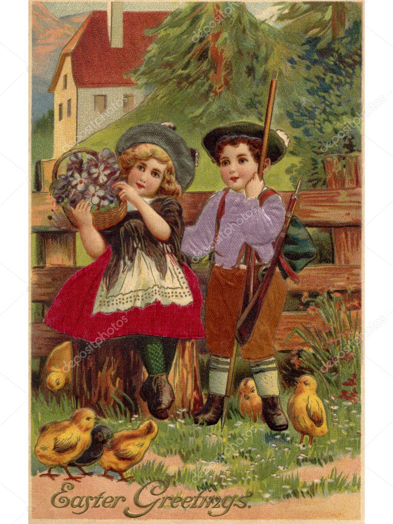 A vintage Easter postcard of a little boy and girl surrounded by