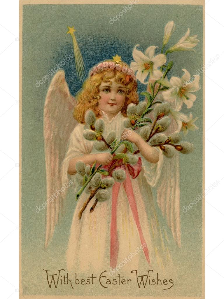 A vintage Easter postcard of an angel holding lilies