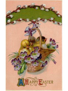 vintage Paskalya kartpostal bir sepeti dolu civciv ve menekşeler