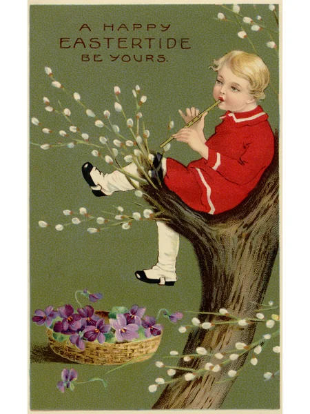 A vintage Easter postcard of a basket of violets and a boy playi — Stock Photo, Image