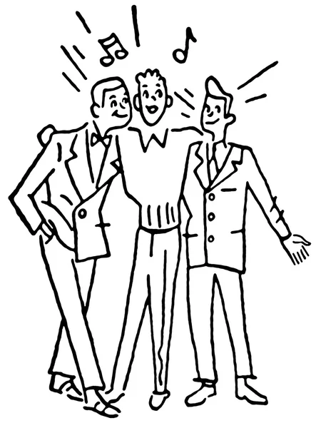 A black and white version of a group of three men singing togeth — Stock Photo, Image