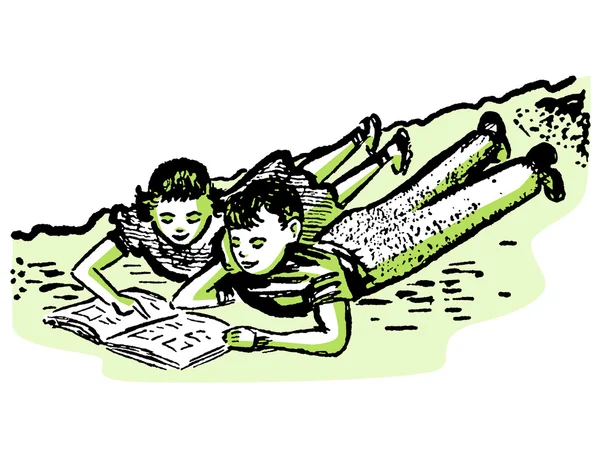 A vintage illustration of two children doing homework together — Stock Photo, Image