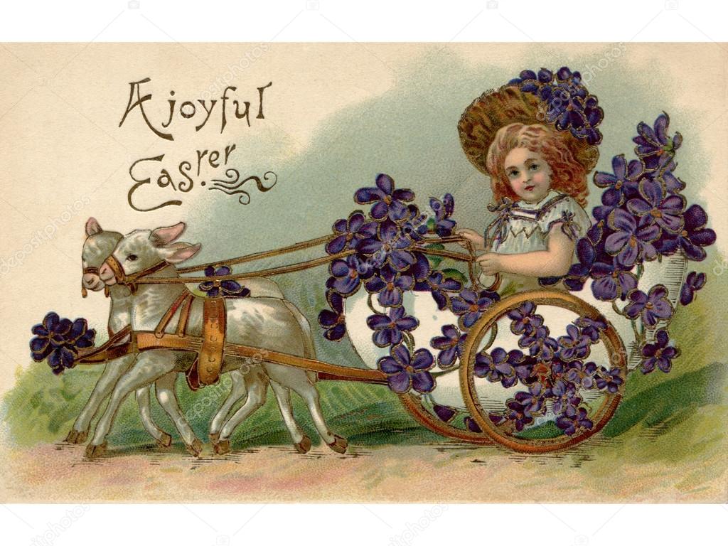 A vintage Easter postcard of a girl riding in a wagon full of vi