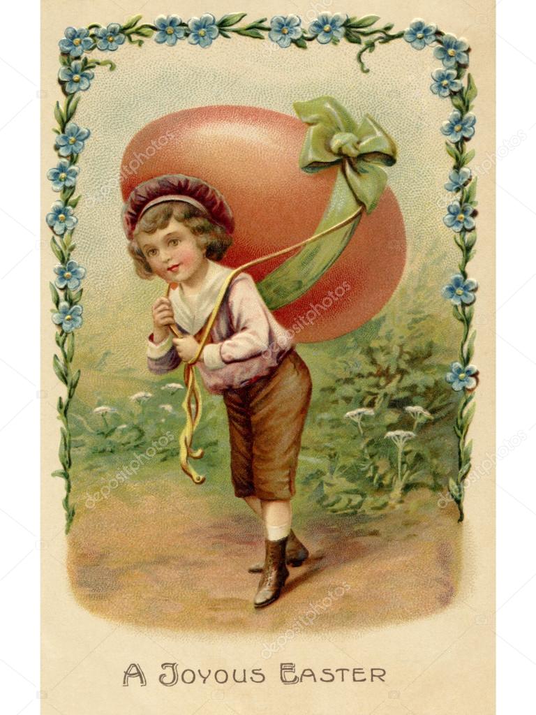 A vintage Easter postcard of a child with a large egg on his bac