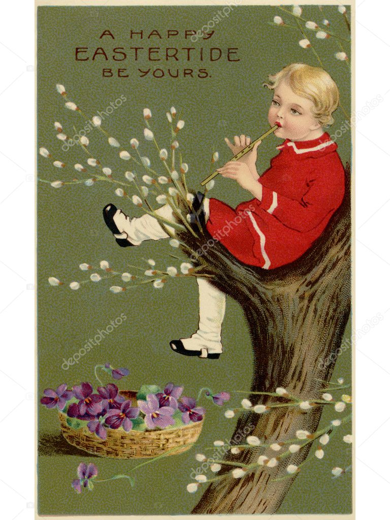 A vintage Easter postcard of a basket of violets and a boy playi