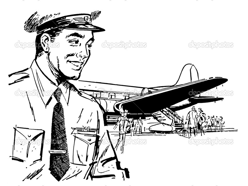 A black and white version of a vintage illustration of a pilot a