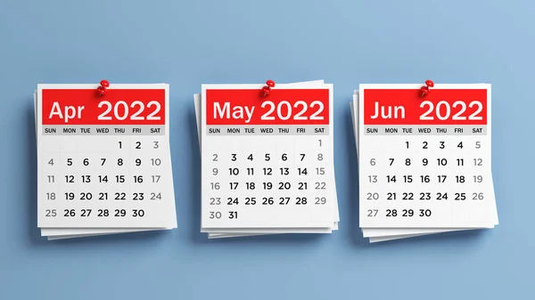 Red White Colored 2022 April May June Calendar Pages Blue — Stockfoto