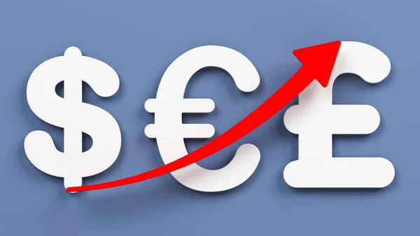 Röd Pil Och Dollar Pund Eurosymbol Blå Färgad Bakgrund Horisontell — Stockfoto