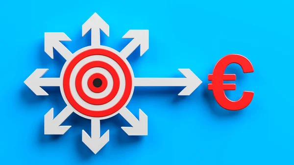 白と赤の財務目標アイコンと赤のユーロ記号 青の背景に コピースペースと水平組成 クリッピングパスで分離 — ストック写真