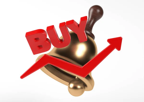 Red Colored Buy Text Finance Arrow Stock Market Bell Icon — Foto Stock