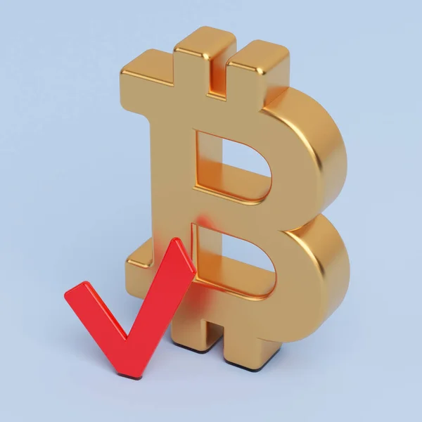 Golden Bitcoin Symbol Red Colored Checkmark Light Blue Colored Background — Foto Stock