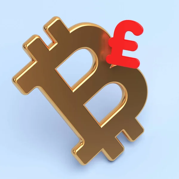 Golden Bitcoin Symbol Red Colored Pound Symbol Light Blue Colored — Stock Fotó