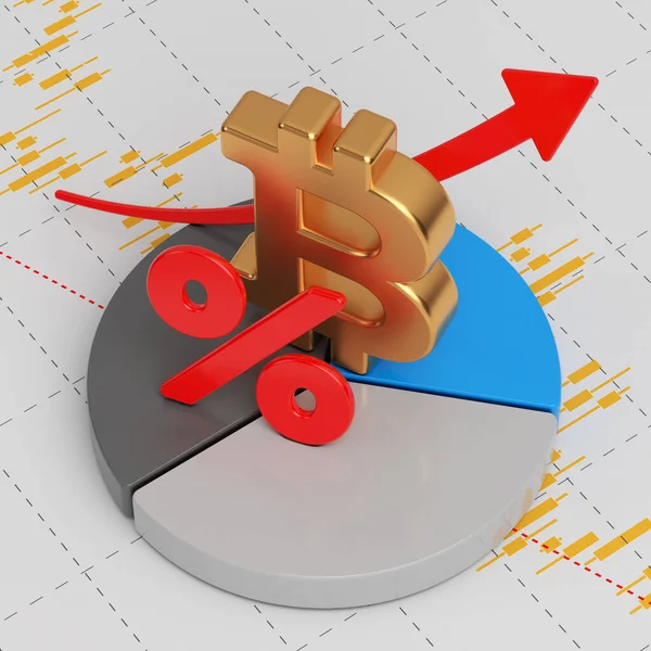 Símbolo Bitcoin Dourado Sinal Porcentagem Cor Vermelha Torta Gráfico Financeiro — Fotografia de Stock