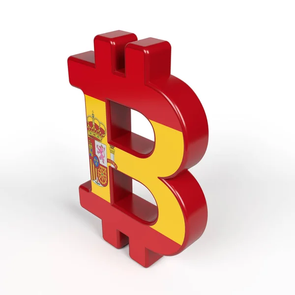 Simbolo Bitcoin Strutturato Con Bandiera Spagnola Sfondo Colore Bianco Composizione — Foto Stock