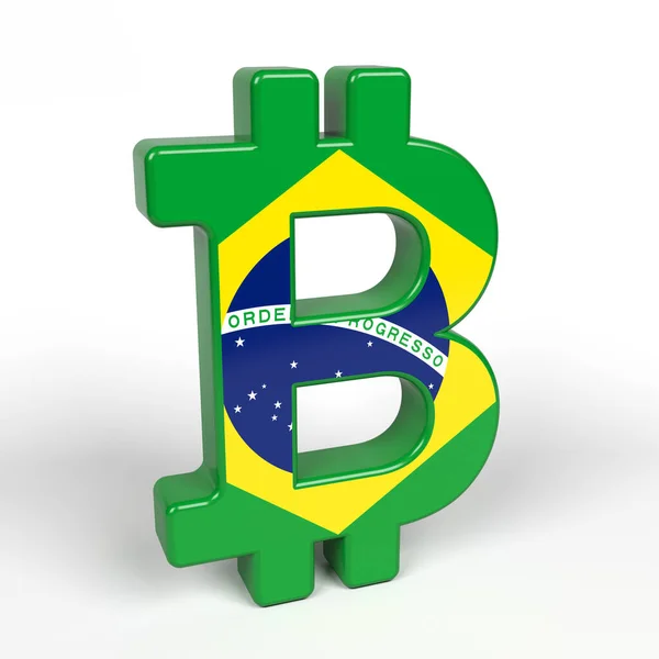 Símbolo Bitcoin Texturizado Con Bandera Brasileña Sobre Fondo Color Blanco — Foto de Stock