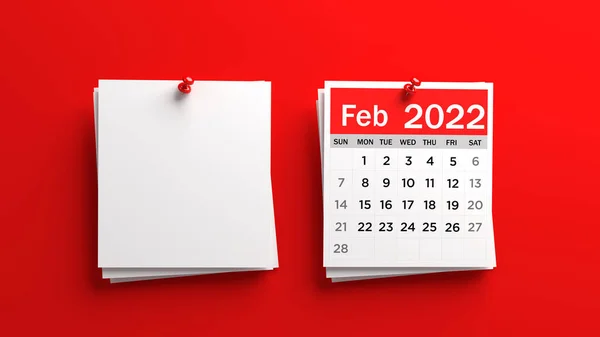 空白的白色日历页 红色和白色的2022年2月日历 红色的背景 具有复制空间的水平构图 被截断的路径隔离 — 图库照片