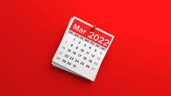 Pagina Calendario Marzo Mese 2022 Colore Rosso Bianco Sfondo Colore — Foto Stock