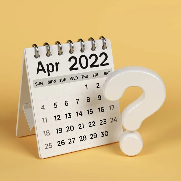 白色2022年4月桌上日历和问号 浅黄的背景 正方形构图 有复制空间 被截断的路径隔离 — 图库照片